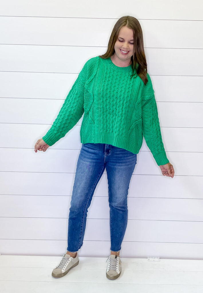 Electric Braided Kelly Green Sweater - Lyla's: Clothing, Decor & More - Plano Boutique