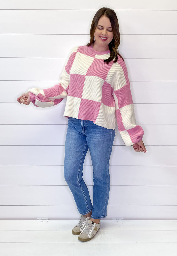 Oversized Pink and White Checkered Sweater - Lyla's: Clothing, Decor & More - Plano Boutique