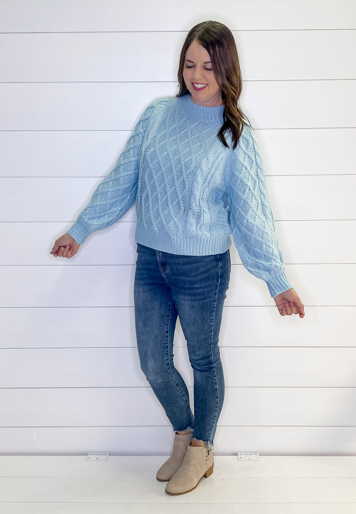 Baby Blue Crochet Round Neckline Sweater - Lyla's: Clothing, Decor & More - Plano Boutique