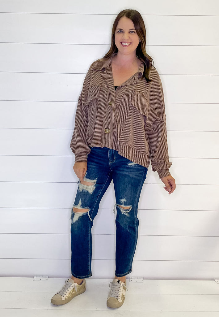 Soft Solid Rib Knit Cropped Shacket Brown Top - Lyla's: Clothing, Decor & More - Plano Boutique