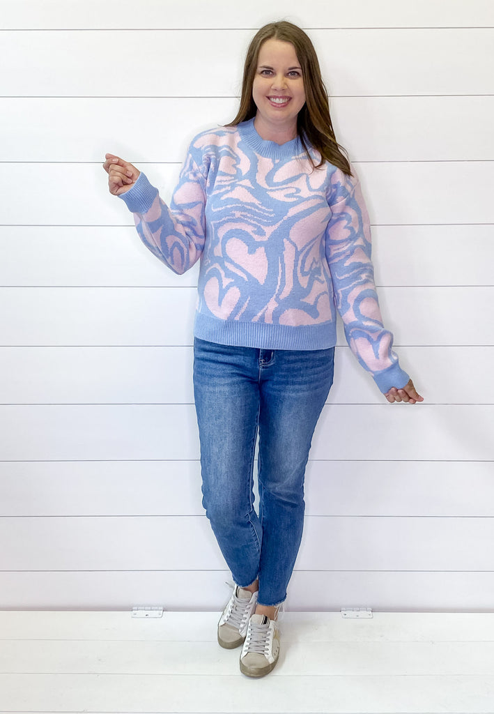 Abstract Heart Pink and Blue Sweater - Lyla's: Clothing, Decor & More - Plano Boutique