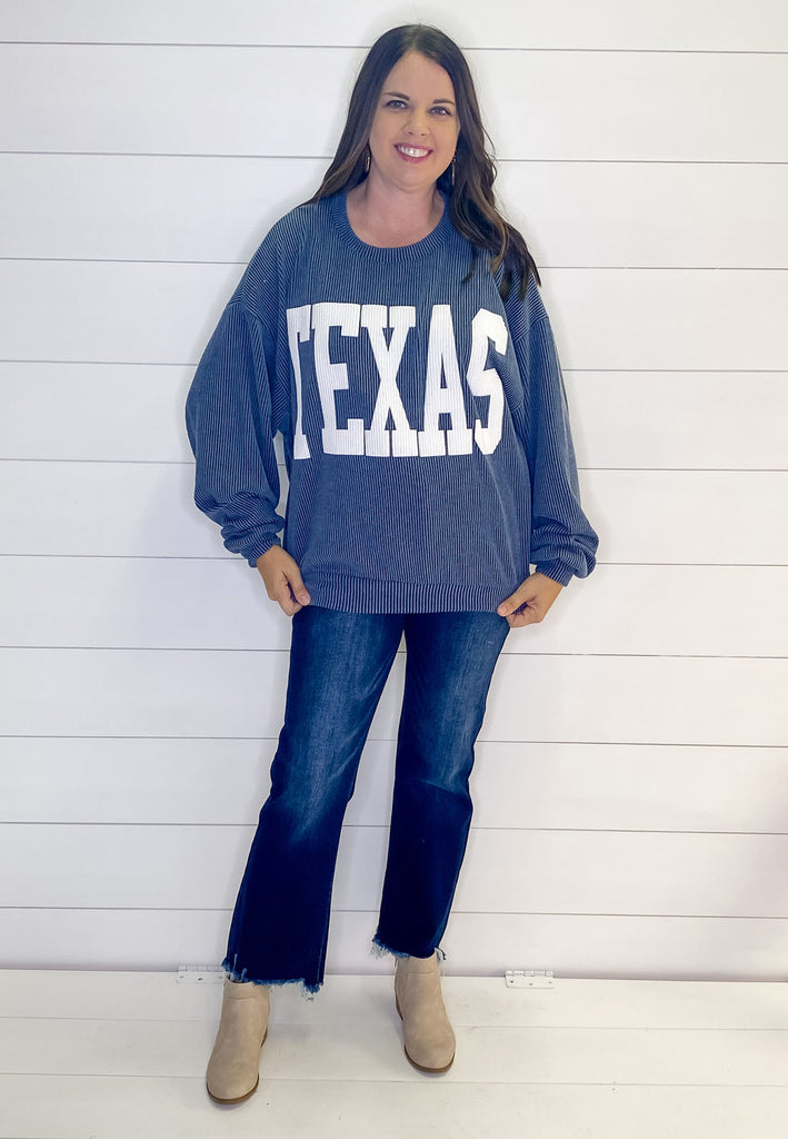 Texas Corduroy Graphic Midnight Blue Sweater - Lyla's: Clothing, Decor & More - Plano Boutique
