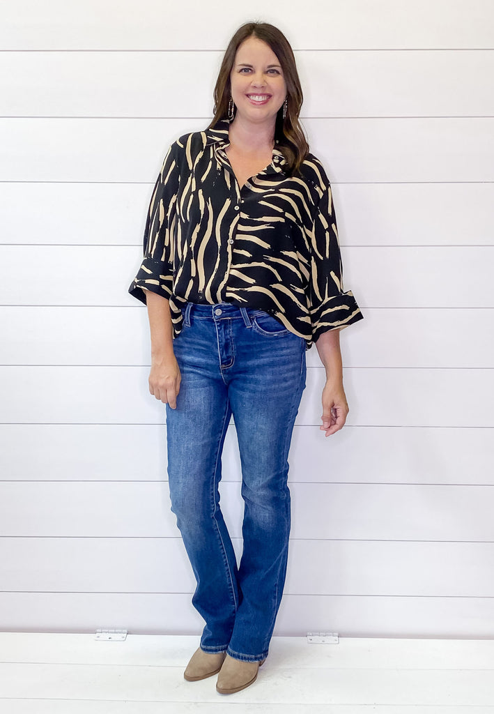 Criss Cross Black and Taupe Print Top - Lyla's: Clothing, Decor & More - Plano Boutique