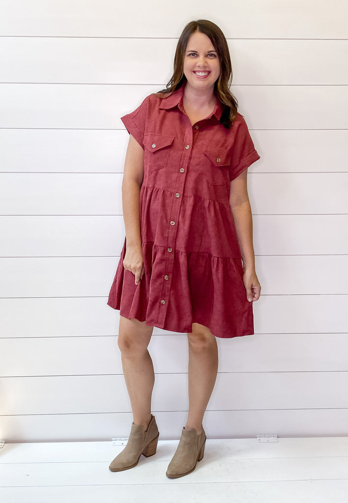 Cranberry Corduroy Button Front Dress - Lyla's: Clothing, Decor & More - Plano Boutique