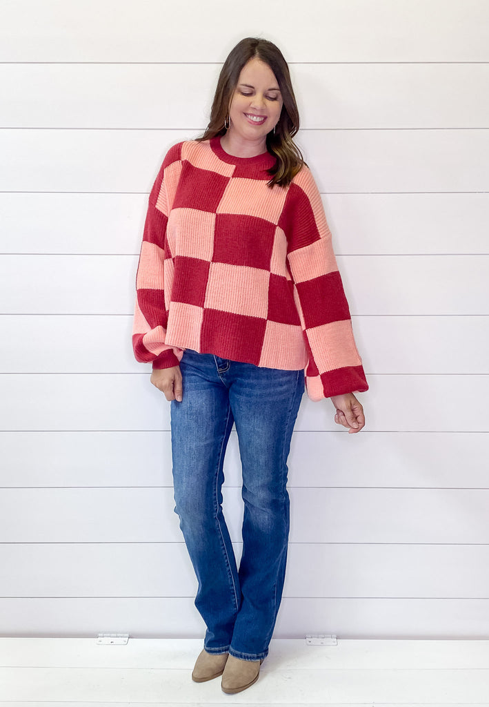 Oversized Brick and Peach Checkered Sweater - Lyla's: Clothing, Decor & More - Plano Boutique