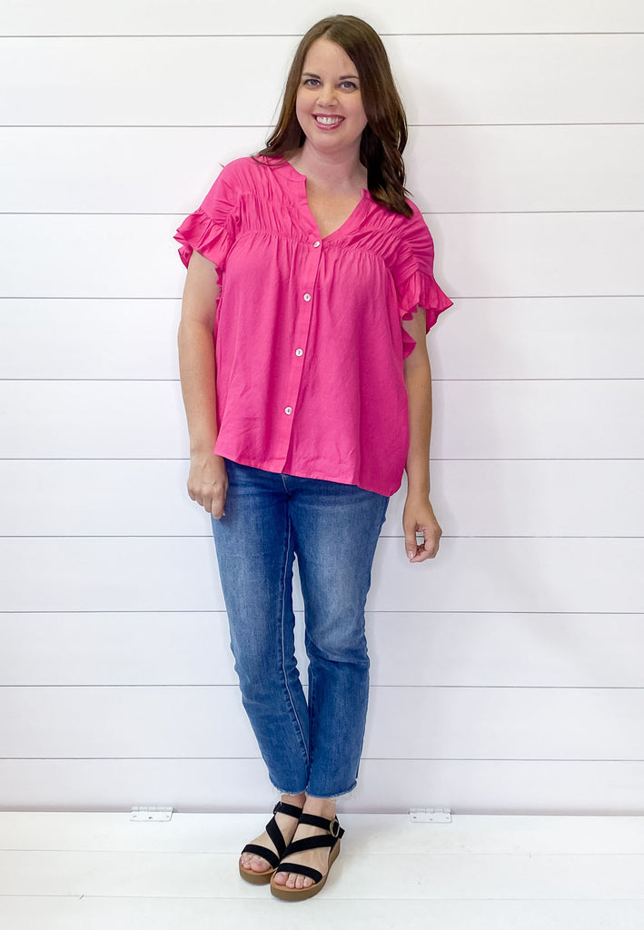 Give It To Me Magenta Ruffle Sleeve Top - Lyla's: Clothing, Decor & More - Plano Boutique