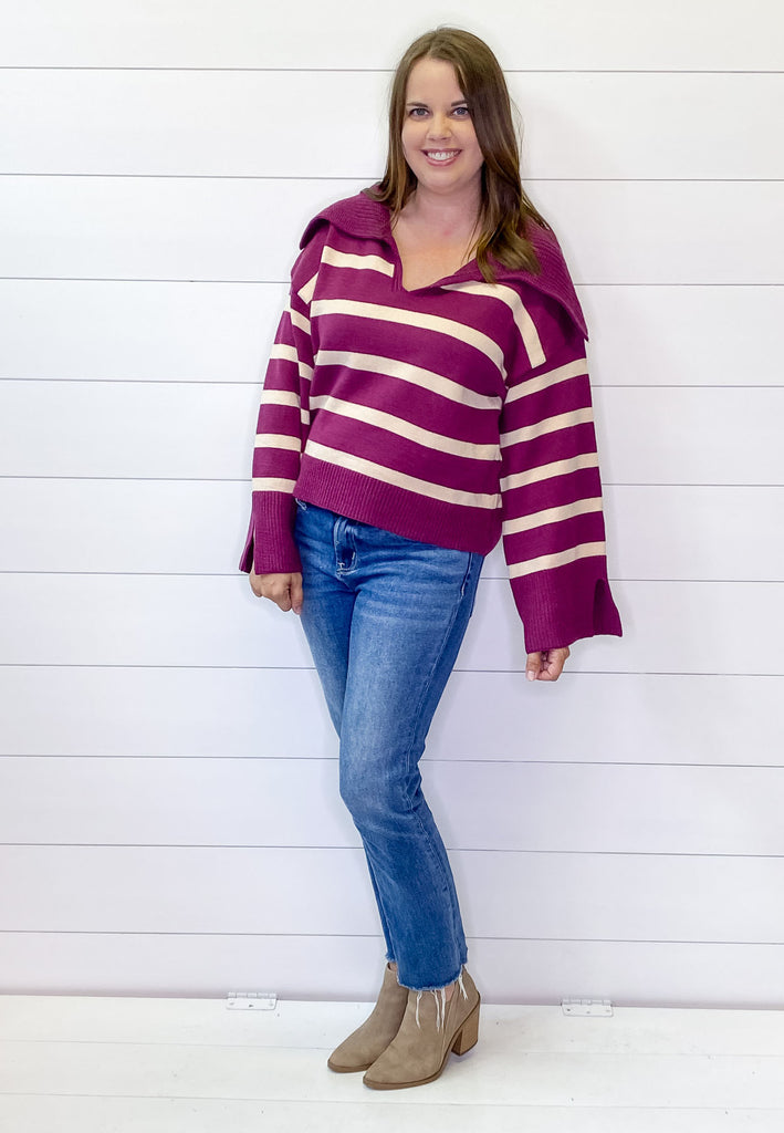 Plum Collar Striped Sweater - Lyla's: Clothing, Decor & More - Plano Boutique