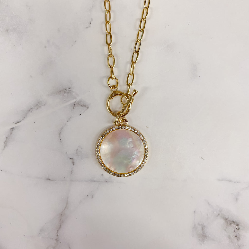 Mother of Pearl Pave Circle Toggle Necklace - Lyla's: Clothing, Decor & More - Plano Boutique