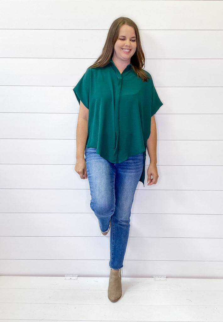 Drapey High Lo Button Up Hunter Green Top - Lyla's: Clothing, Decor & More - Plano Boutique