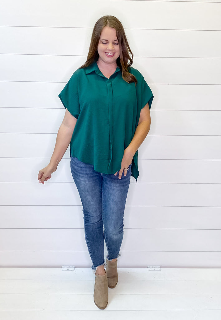 Drapey High Lo Button Up Hunter Green Top - Lyla's: Clothing, Decor & More - Plano Boutique