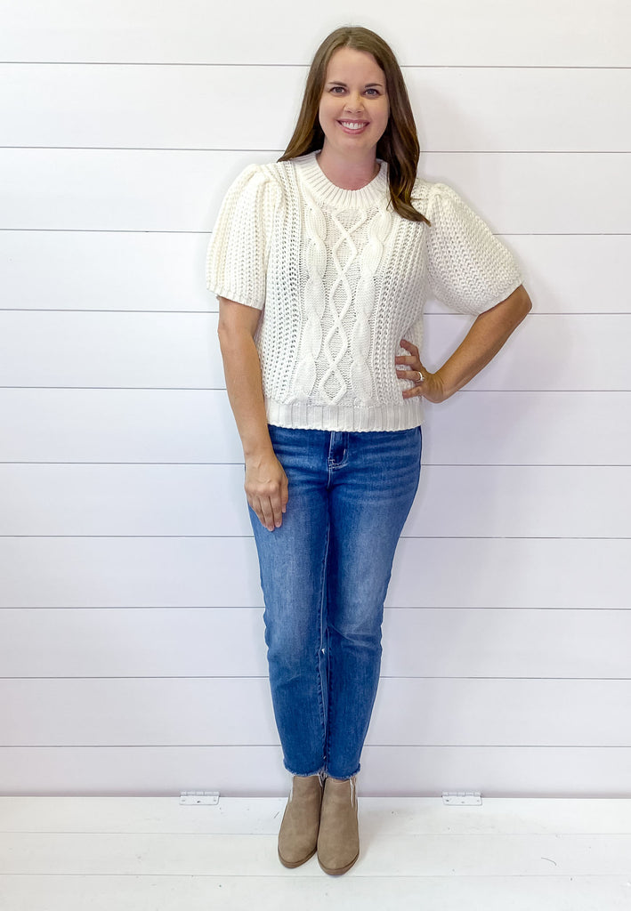Ivory Puff Sleeve Cable Sweater Top - Lyla's: Clothing, Decor & More - Plano Boutique