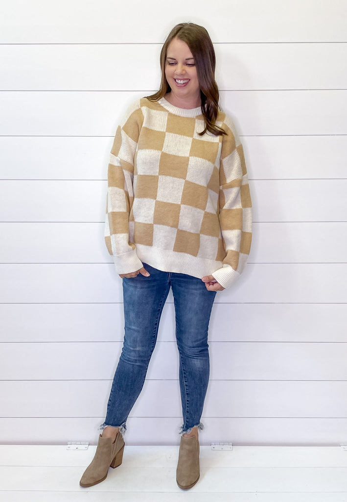 Check this Out Print Oversized Taupe Sweater - Lyla's: Clothing, Decor & More - Plano Boutique