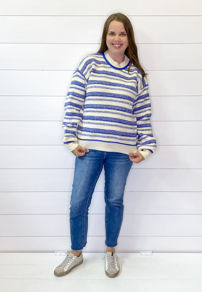 Tone to Tone Double Striped Cobalt Blue Sweater - Lyla's: Clothing, Decor & More - Plano Boutique