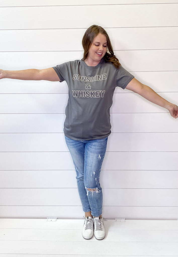 Sunshine and Whiskey Grey Top - Lyla's: Clothing, Decor & More - Plano Boutique
