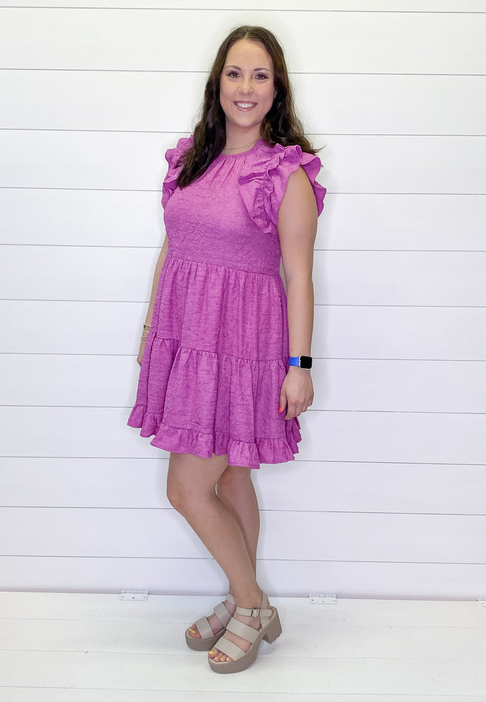 Textured Ruffle Sleeve Orchid Dress - Lyla's: Clothing, Decor & More - Plano Boutique