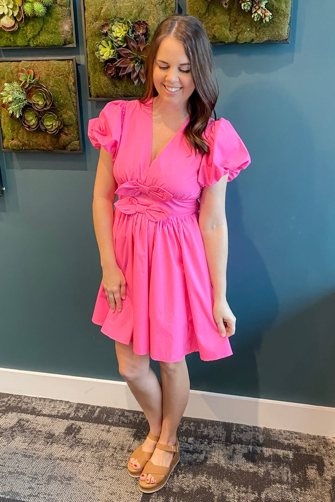 Rosette Radiance Bow Detail Pink Dress - Lyla's: Clothing, Decor & More - Plano Boutique