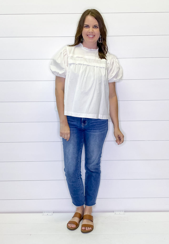 Playing Around Puff Sleeve Sage White Top - Lyla's: Clothing, Decor & More - Plano Boutique