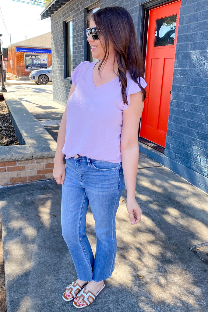 A Lil Ruffle V Neckline Lavender Top - Lyla's: Clothing, Decor & More - Plano Boutique