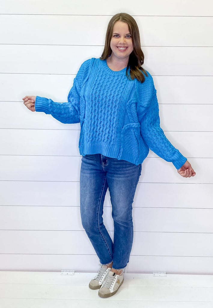 Electric Braided Blue Astor Sweater - Lyla's: Clothing, Decor & More - Plano Boutique