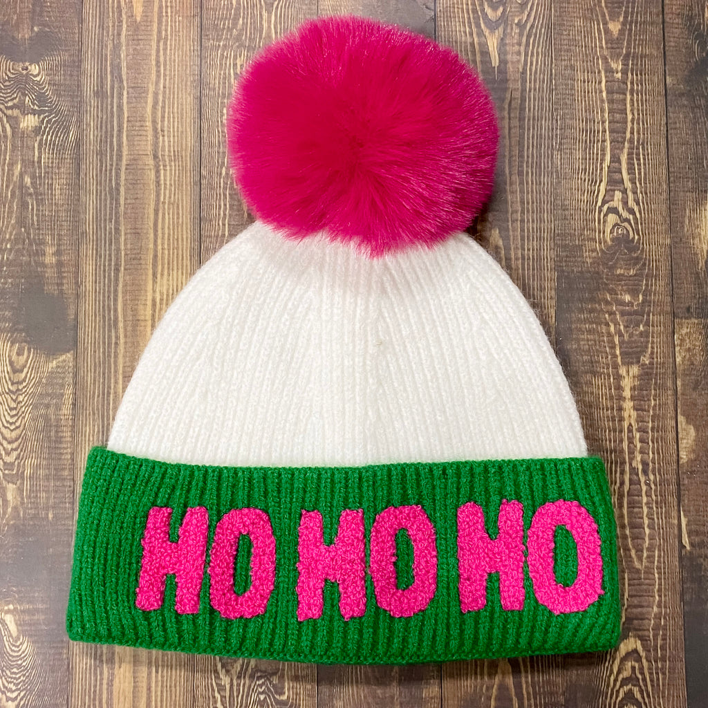 "Ho Ho Ho" Pink and Green Beanie - Lyla's: Clothing, Decor & More - Plano Boutique