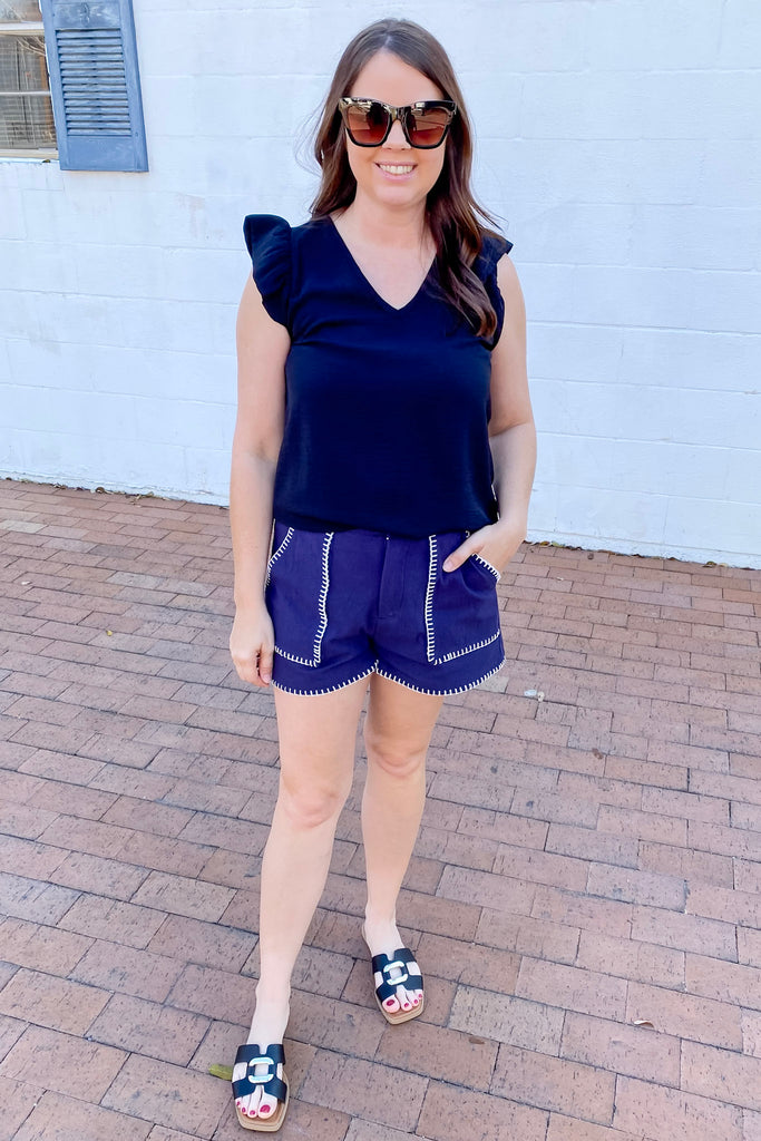 Call Me Back Whipstitched Navy Shorts - Lyla's: Clothing, Decor & More - Plano Boutique