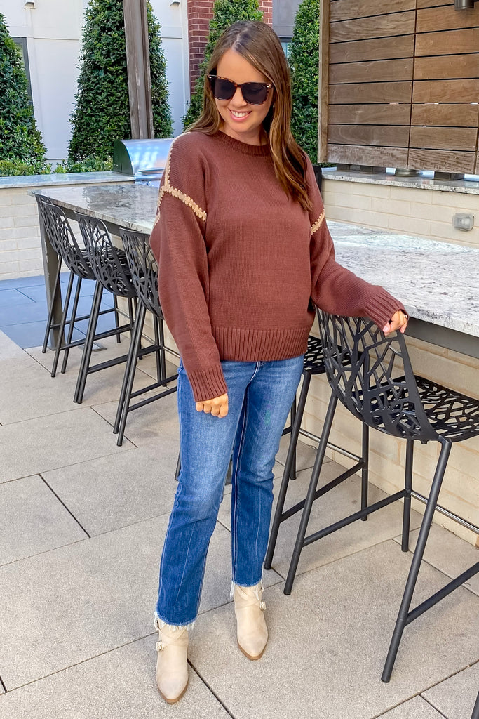 Rush Around Stitched Chocolate Sweater - Lyla's: Clothing, Decor & More - Plano Boutique