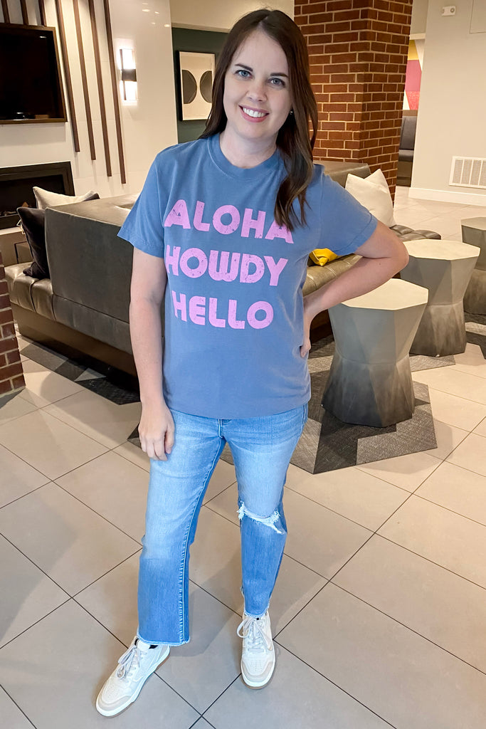 Aloha Howdy Hello Blue Top - Lyla's: Clothing, Decor & More - Plano Boutique