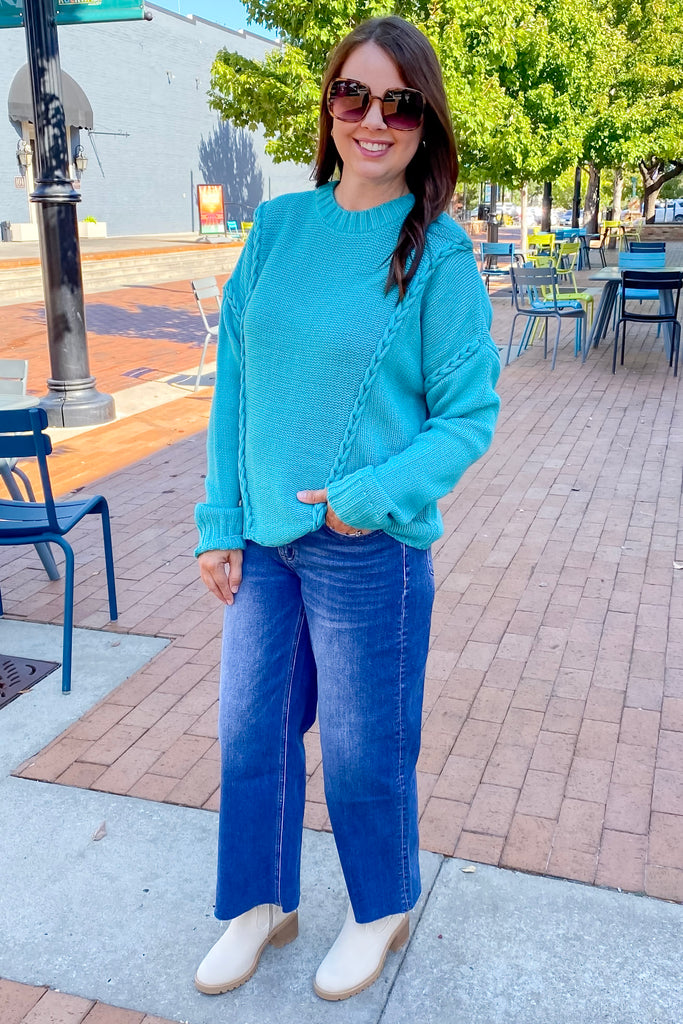Braided Detail Teal Sweater - Lyla's: Clothing, Decor & More - Plano Boutique