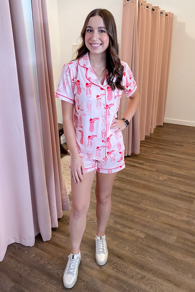 Light Pink Western Boots Pajama Set - Lyla's: Clothing, Decor & More - Plano Boutique