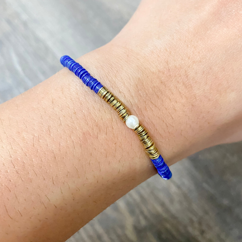 Rory Solid Color With Gold And Pearls Small Sequin Stretch Bracelet Lapis by Ink & Alloy - Lyla's: Clothing, Decor & More - Plano Boutique