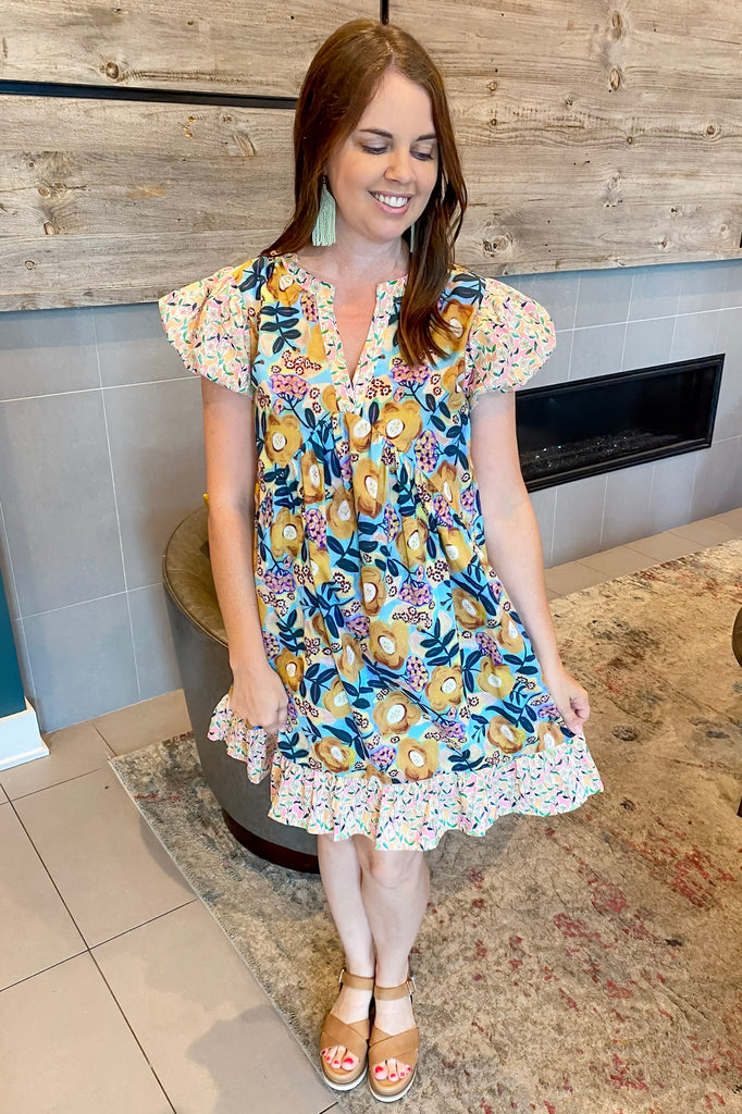 Mix and Match Print Bubble Sleeve Dress - Lyla's: Clothing, Decor & More - Plano Boutique
