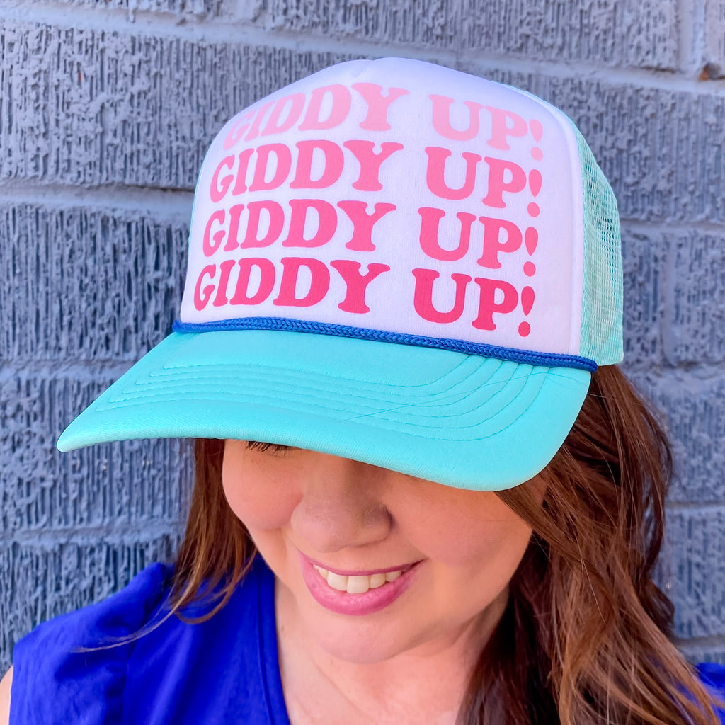 Giddy Up Teal and White Foam Trucker Hat - Lyla's: Clothing, Decor & More - Plano Boutique