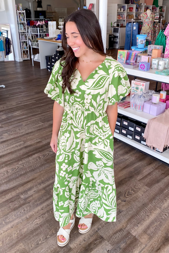 No Breaks Green Floral Print Midi Dress - Lyla's: Clothing, Decor & More - Plano Boutique