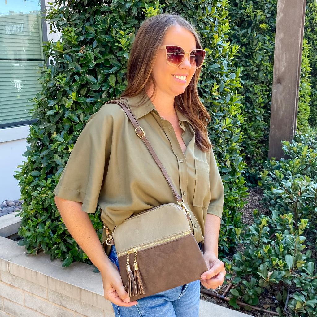 Jen & Co Tara Dual Zip Vegan Crossbody - Khaki Two Tone - Lyla's: Clothing, Decor & More - Plano Boutique