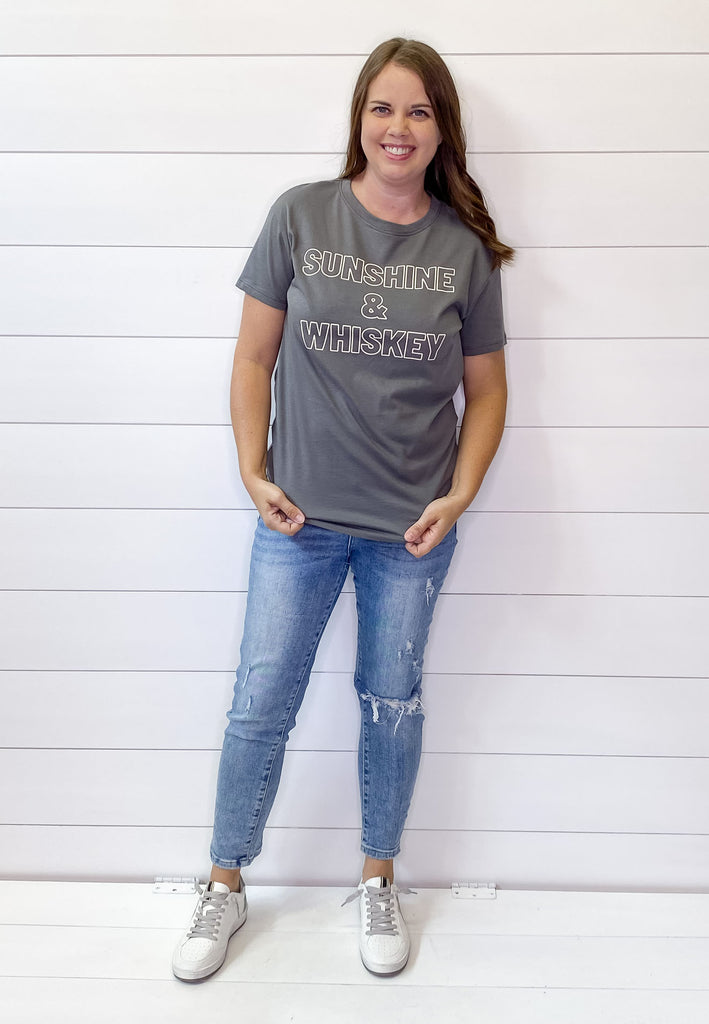 Sunshine and Whiskey Grey Top - Lyla's: Clothing, Decor & More - Plano Boutique