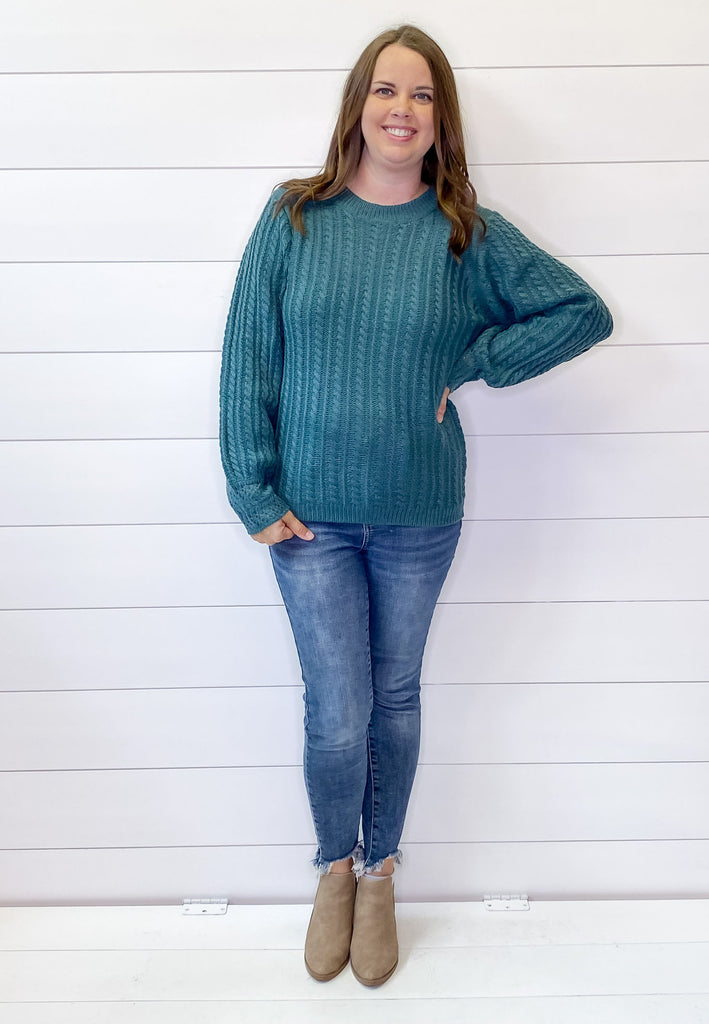 Teal Cable Cuff Detail Sweater - Lyla's: Clothing, Decor & More - Plano Boutique