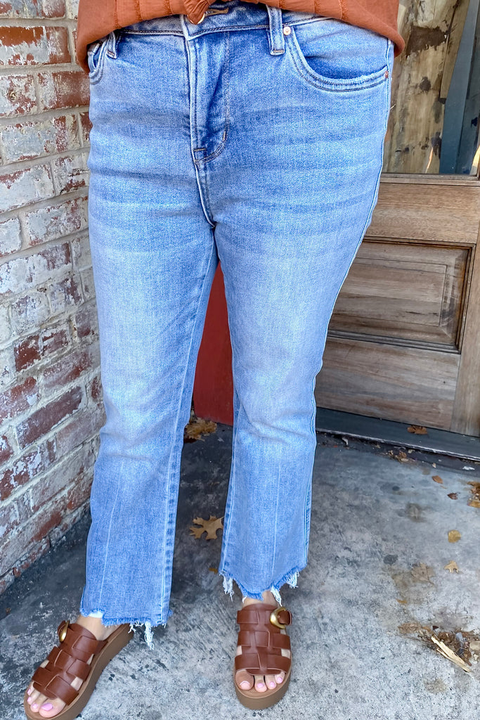 Moscato High Rise Uneven Hemline Cropped Flare by Mica - Lyla's: Clothing, Decor & More - Plano Boutique