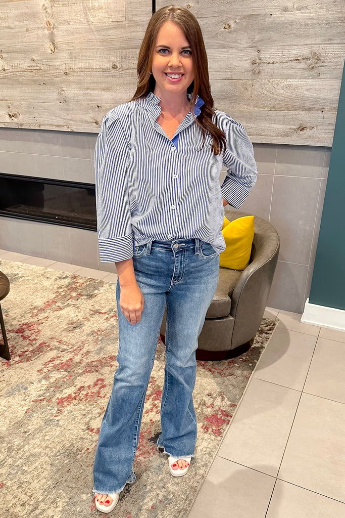 Here We Come Button Up Blue Striped Top - Lyla's: Clothing, Decor & More - Plano Boutique