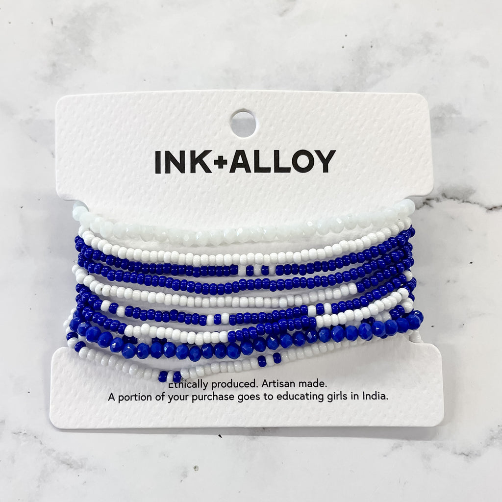 Sage Color Block Beaded 10 Strand Stretch Bracelets Blue & White by Ink & Alloy - Lyla's: Clothing, Decor & More - Plano Boutique