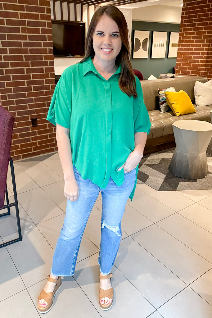 Drapey High Lo Button Up Kelly Green Top - Lyla's: Clothing, Decor & More - Plano Boutique