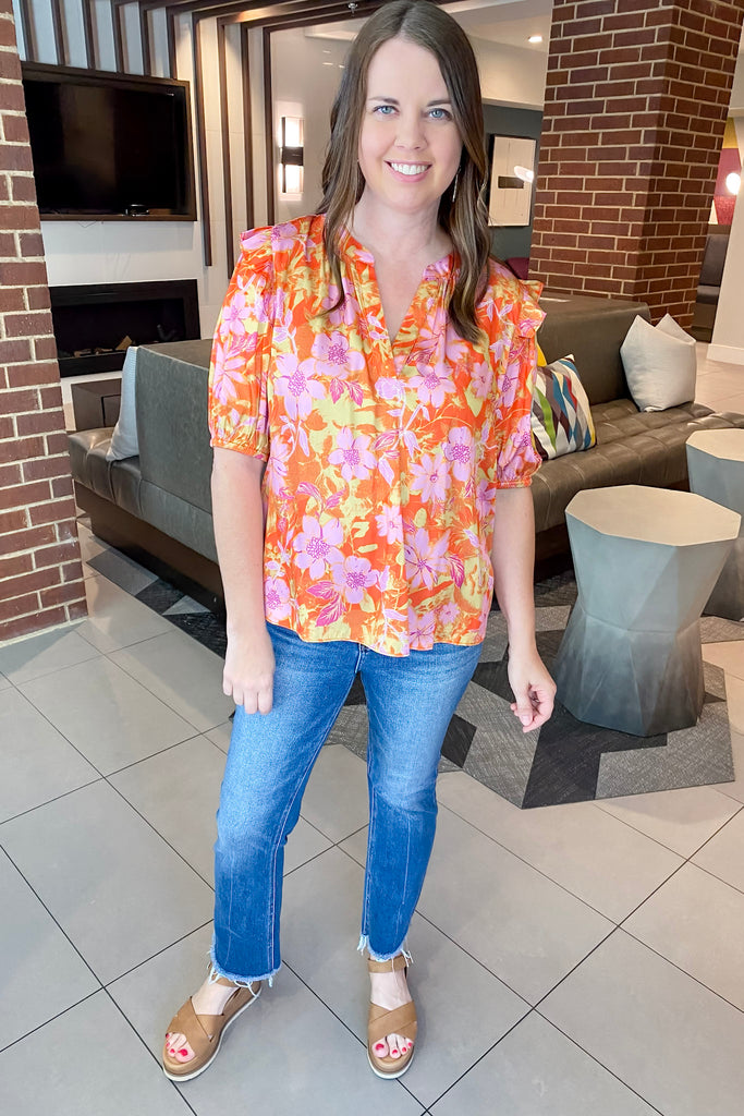 Orange and Pink Floral Print Blouse - Lyla's: Clothing, Decor & More - Plano Boutique