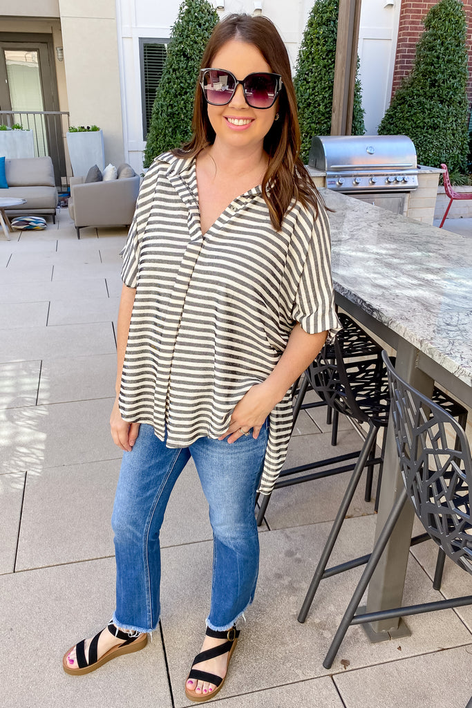 Drapey High Lo Button Up Striped Black and Off White Top - Lyla's: Clothing, Decor & More - Plano Boutique