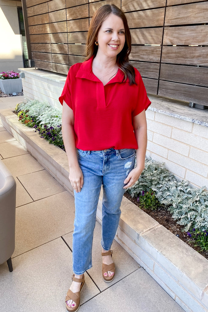 Whats Going On Red Collar Top - Lyla's: Clothing, Decor & More - Plano Boutique