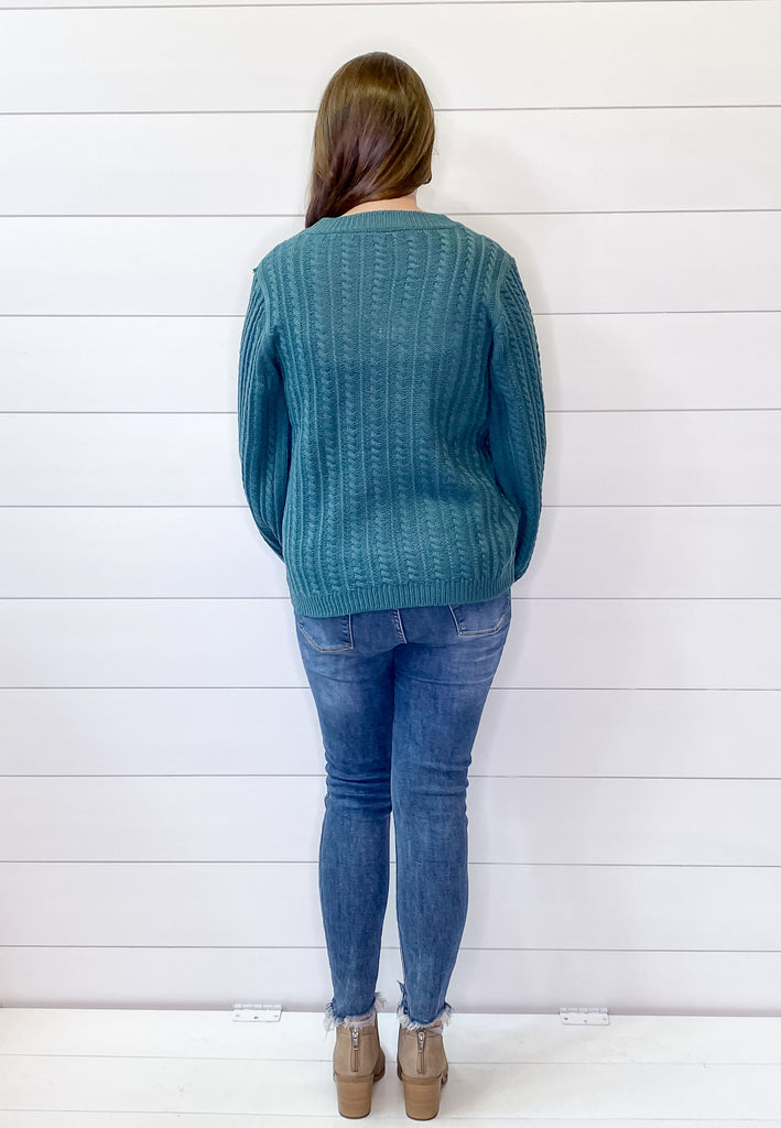 Teal Cable Cuff Detail Sweater - Lyla's: Clothing, Decor & More - Plano Boutique