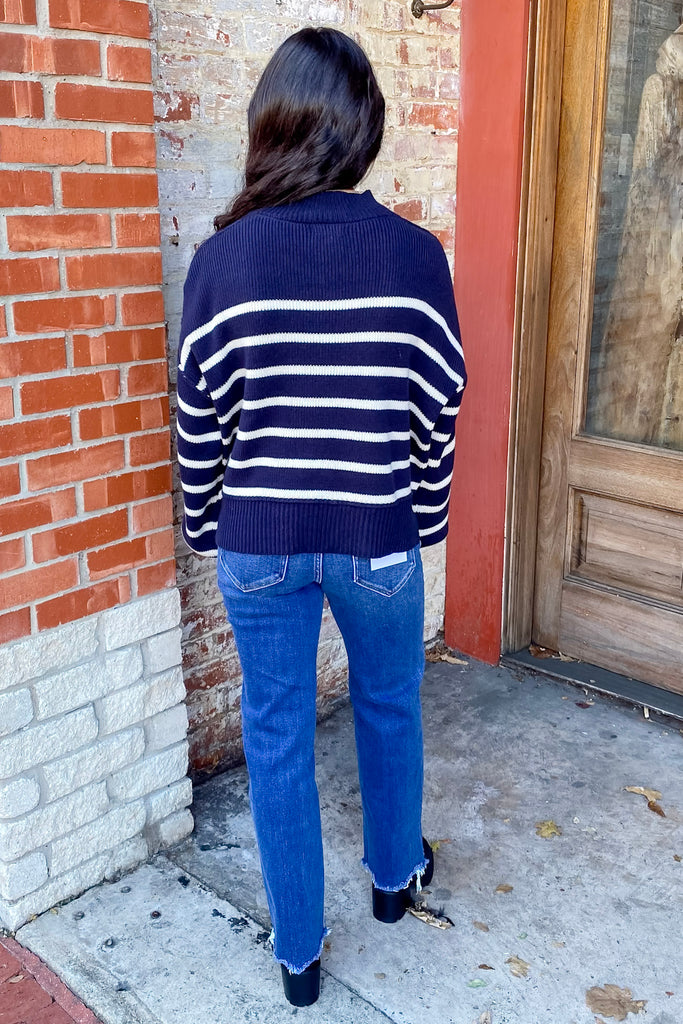Say More Striped Mock Neck Drop Shoulder Navy Sweater - Lyla's: Clothing, Decor & More - Plano Boutique