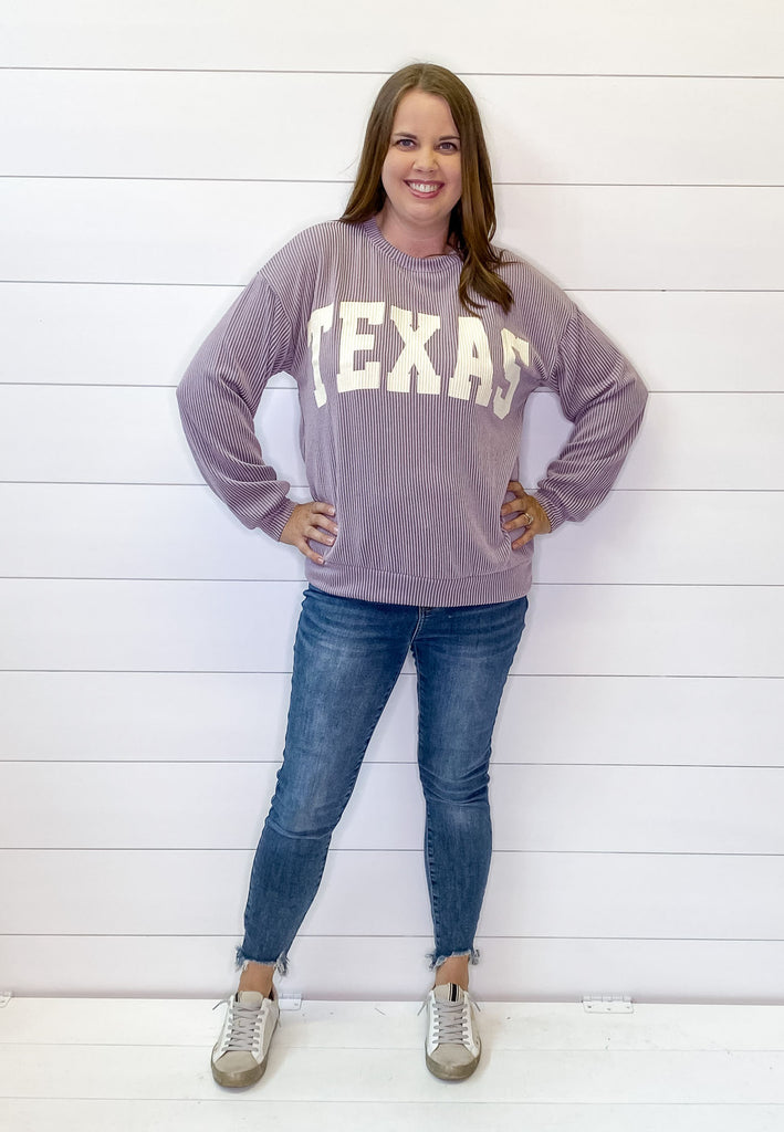 Texas Corduroy Graphic  Deep Plum Sweater - Lyla's: Clothing, Decor & More - Plano Boutique