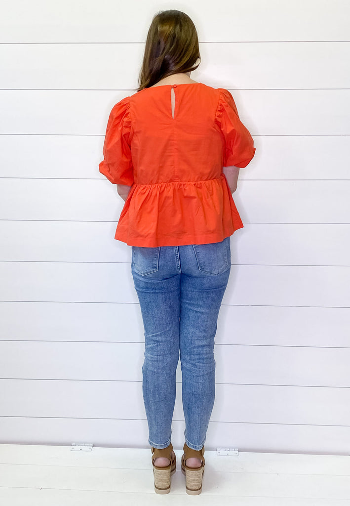 Coral Red Peplum Bubble Sleeve Top - Lyla's: Clothing, Decor & More - Plano Boutique