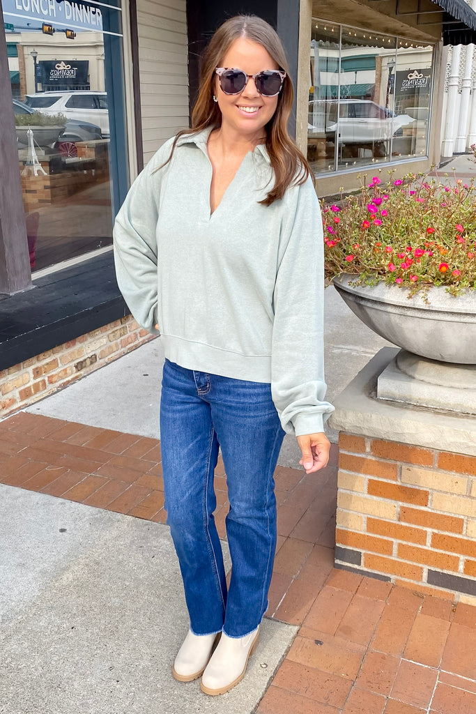 I Saw The Sign Collar Sage Green Sweater - Lyla's: Clothing, Decor & More - Plano Boutique