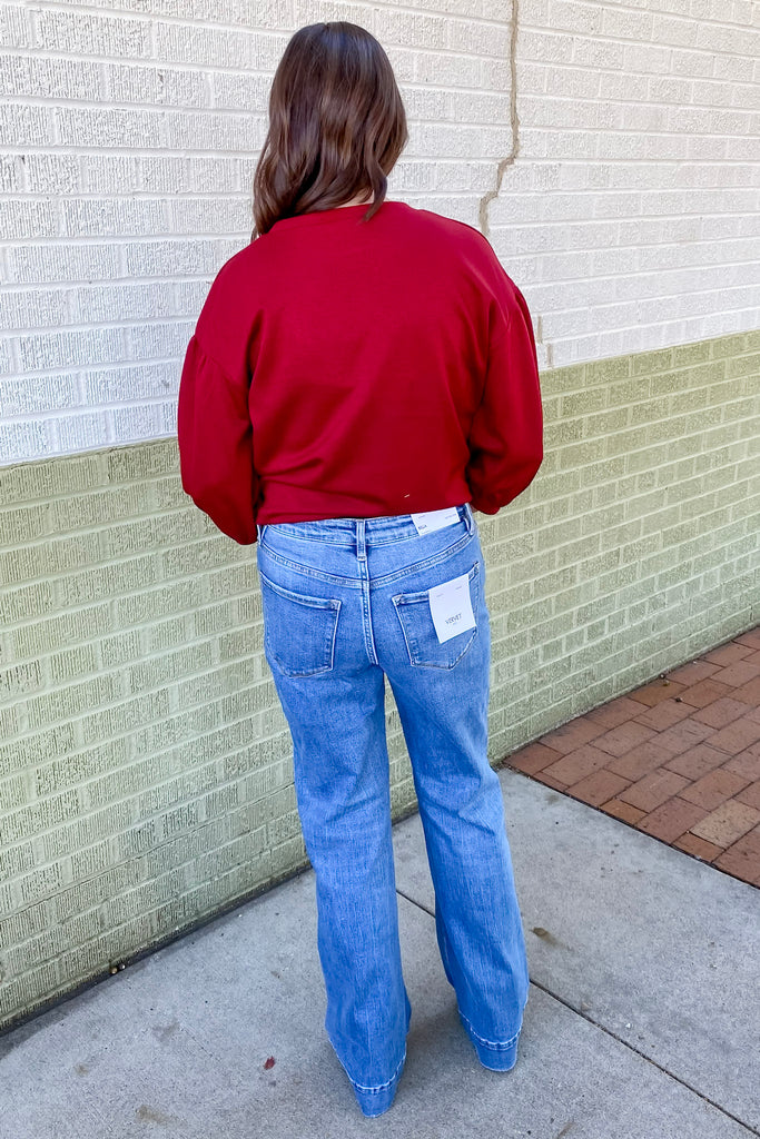 Bella Blue Lotus High Rise Trouser Hem Relaxed Flare Jeans by Vervet - Lyla's: Clothing, Decor & More - Plano Boutique