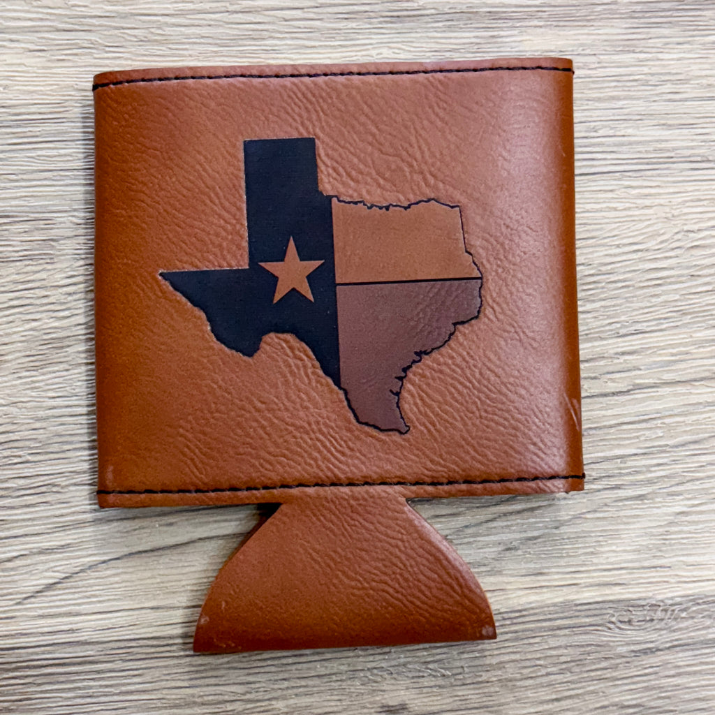 Texas Shape On Texas Flag Leather Koozie - Lyla's: Clothing, Decor & More - Plano Boutique